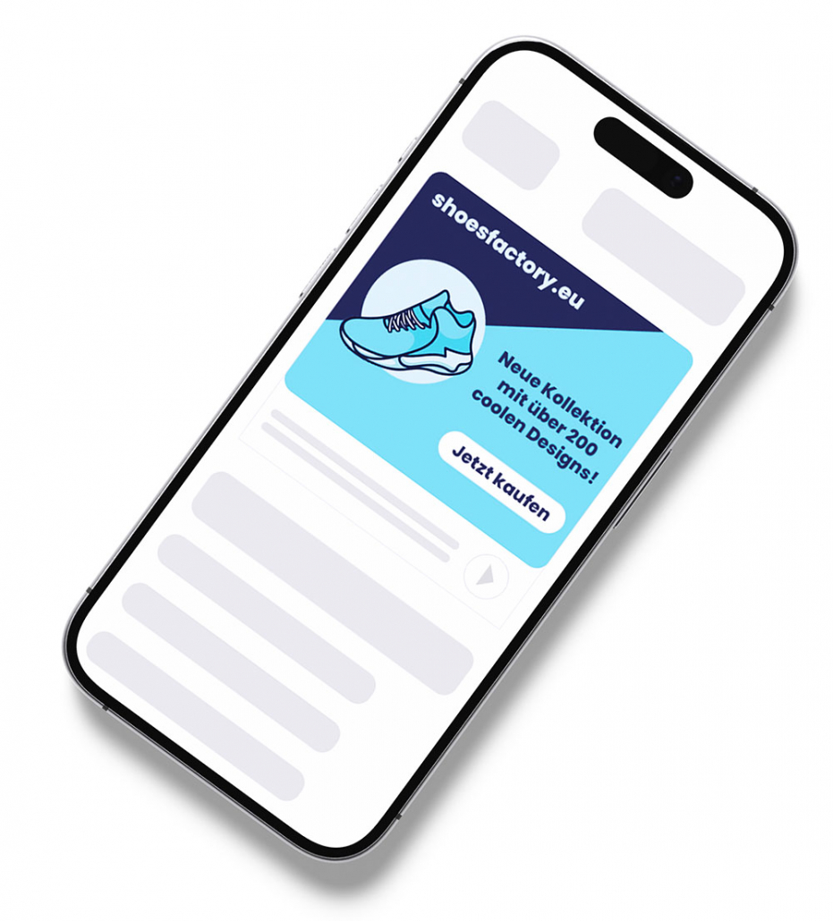 Ein Smartphone flach liegend mit einer Google-Ads-Anzeige für Schuhe auf dem Display Ein Smartphone flach liegend mit einer Google-Ads-Anzeige für Schuhe auf dem Display