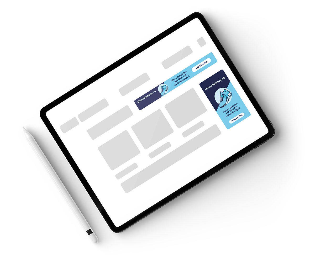 Ein Tablet flach liegend mit zwei Google-Ads-Anzeige für Schuhe auf dem Display Ein Tablet flach liegend mit zwei Google-Ads-Anzeige für Schuhe auf dem Display