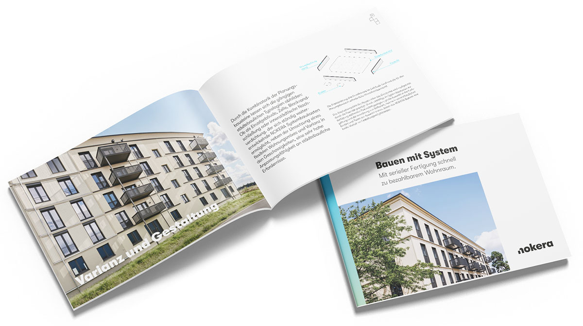 Ein aufgeschlagenes und ein geschlossenes Exemplar der Nokera-Imagebroschüre liegen übereinander