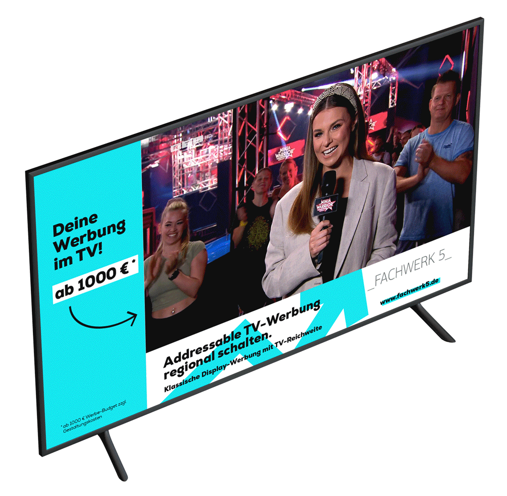 Ein animiertes GIF, bei dem zwei unterschiedliche beispielhafte L-Banner neben TV-Bild durchwechseln