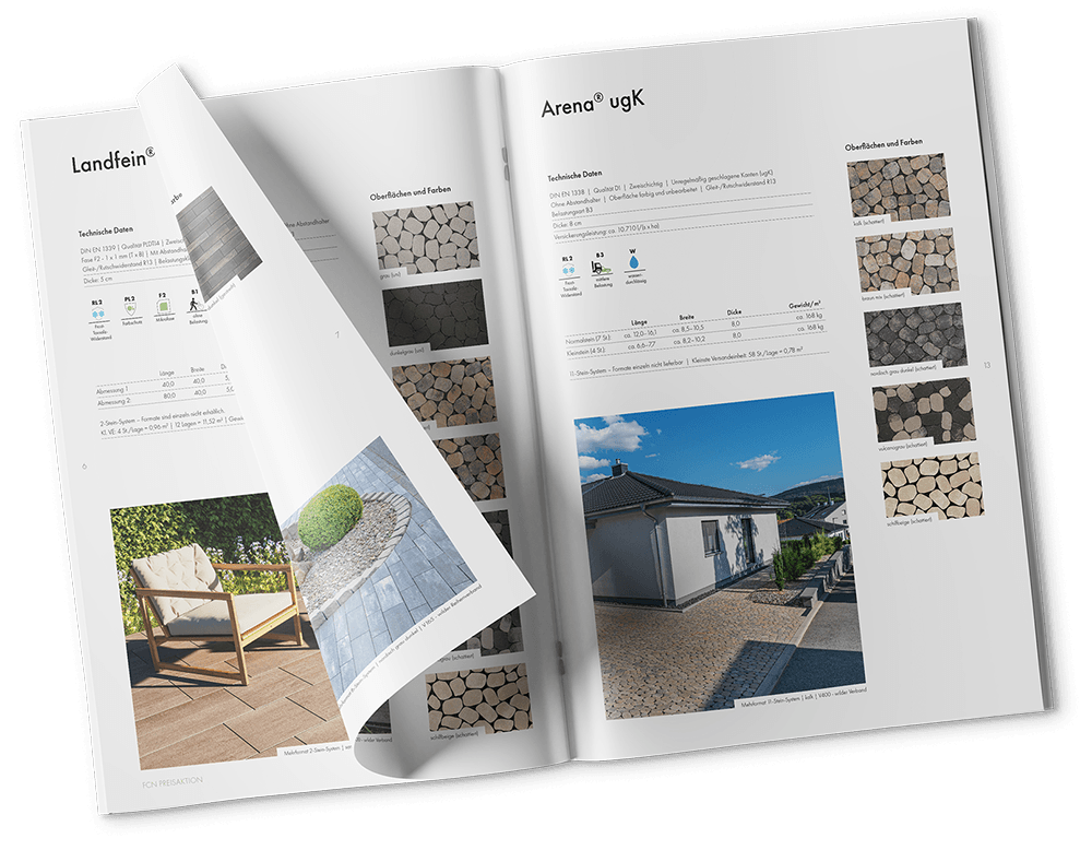 Aufgeklappte Angebotsbroschüre der FCN Landfein Produkte Aufgeklappte Angebotsbroschüre der FCN Landfein Produkte