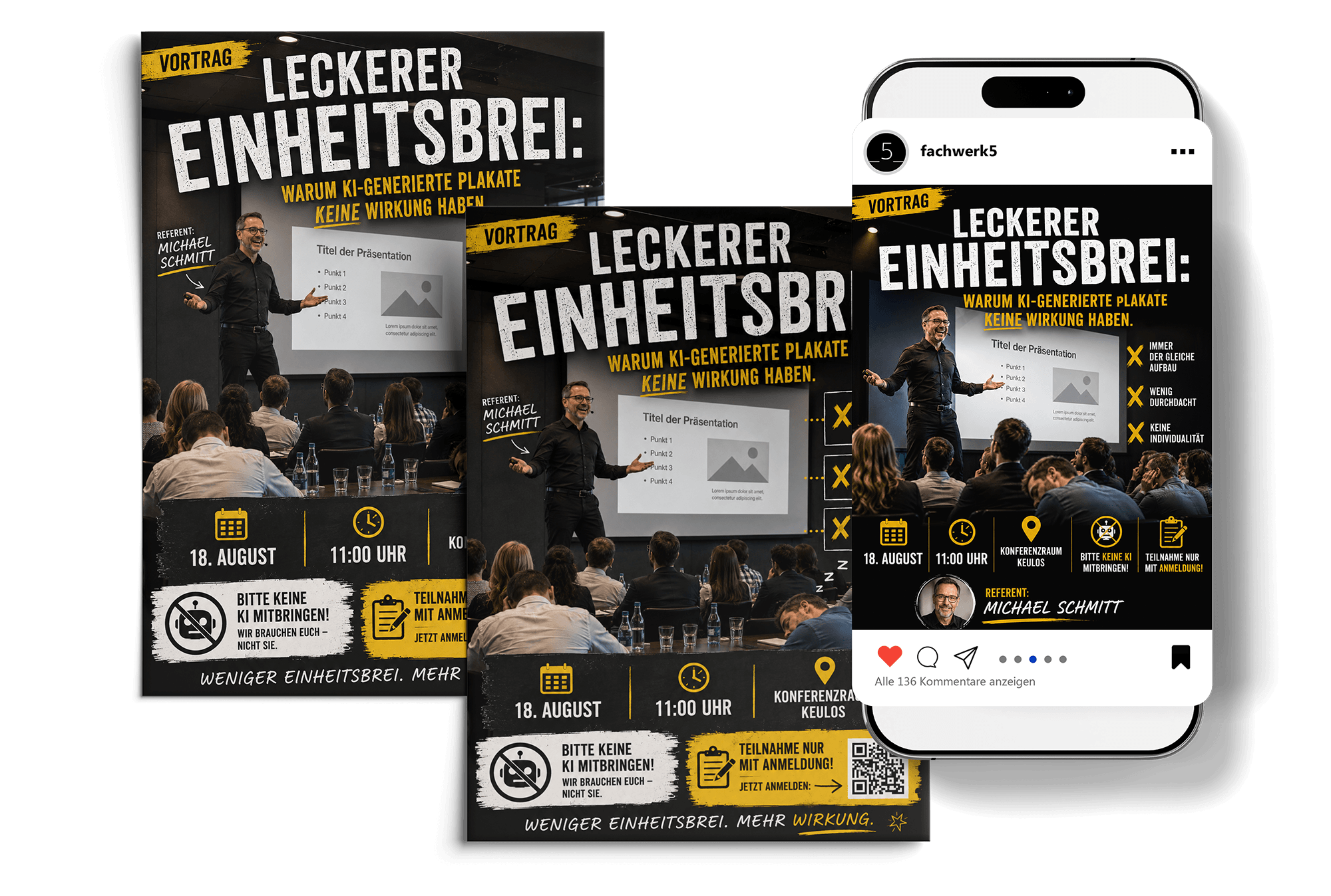 KI-generiertes Plakat und Social Media Post zu einem Vortrag über KI-generierte Plakate