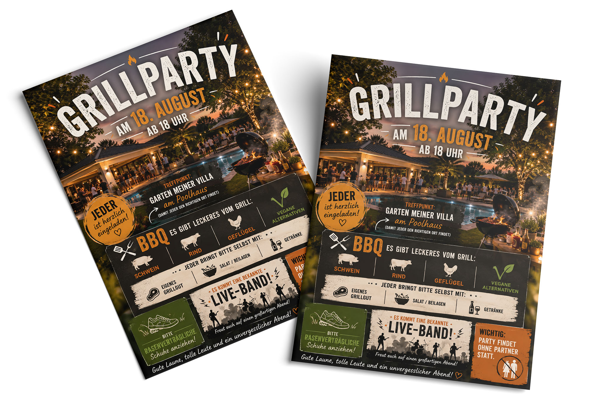 Zwei KI-generierte Plakate als Einladung für eine Grillparty