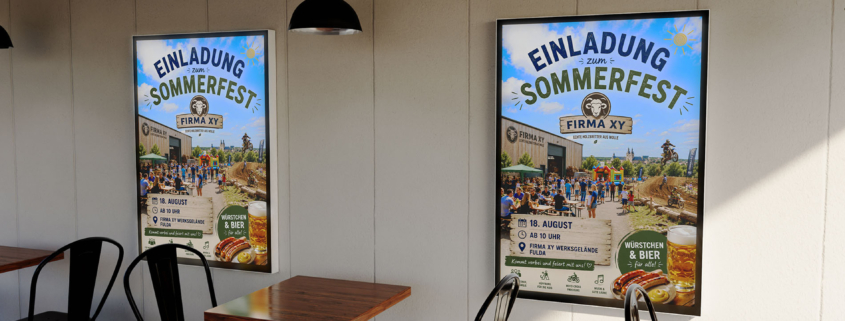 Zwei KI-generierte Plakate hängen in einem Schnellrestaurant an der Wand in Rahmen, KI-generiert
