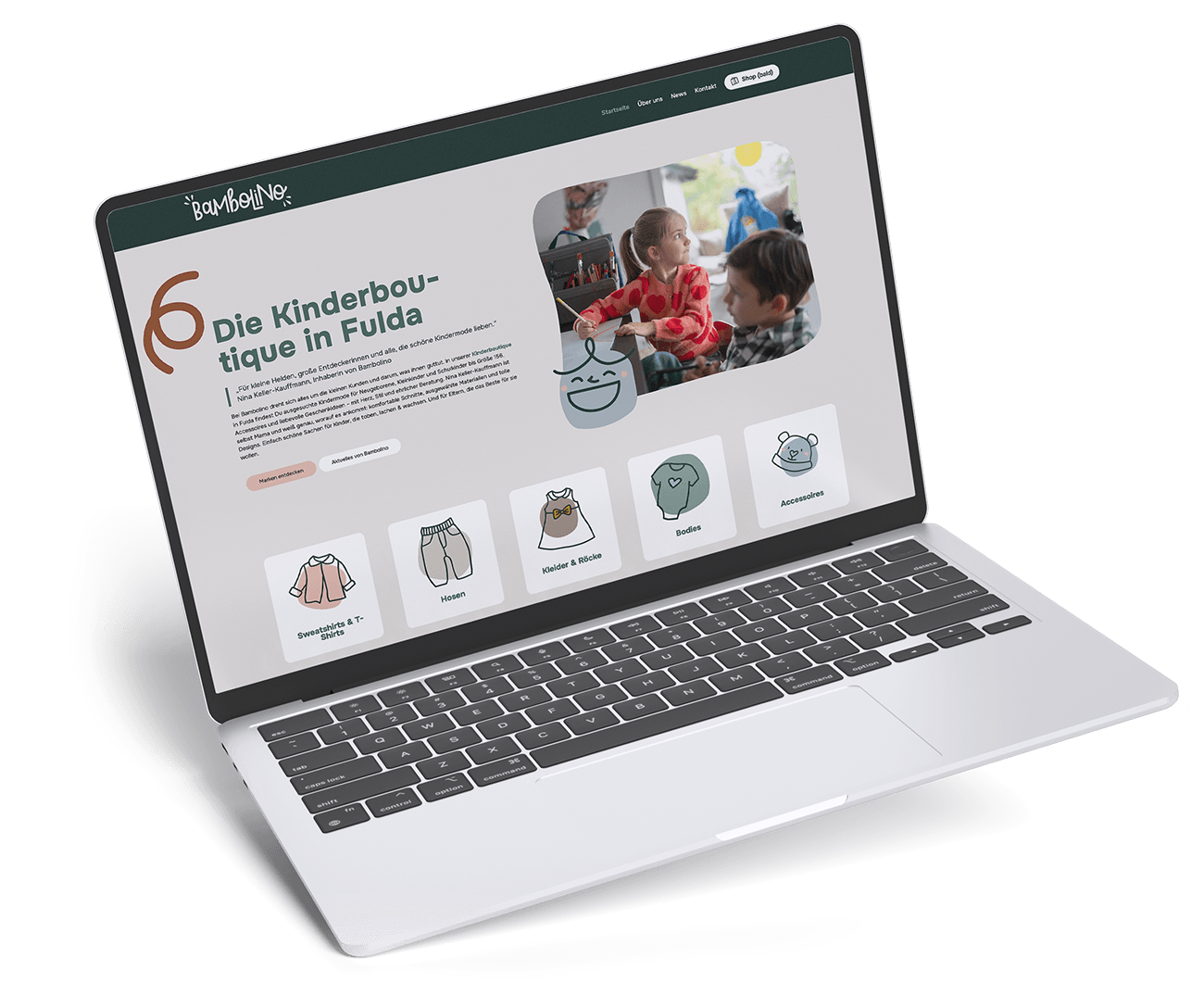 Ein Laptop, auf dessen Display die Website von Bambolino Kids zu sehen ist